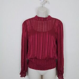 OLM‎ Red Sheer Stripe Blouse M Bow Neck Smocked Hem Romantic Career Gothic Top
